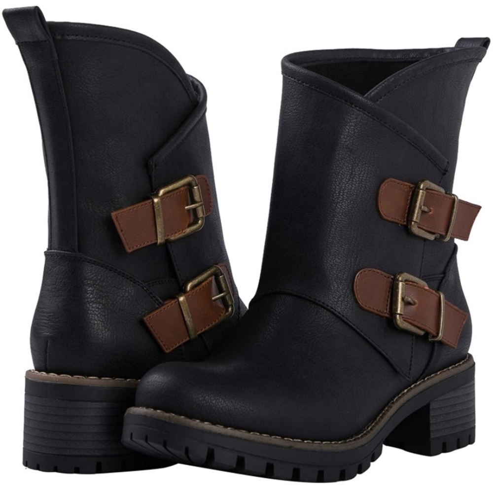 Black Buckle Vegan Premium Synthetic Leather Mid Calf Boots